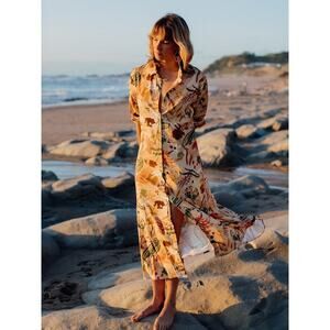 Nach Bijoux Earth Hand Painted Midi Dress Button Front Linen Blend Women's  Sz S